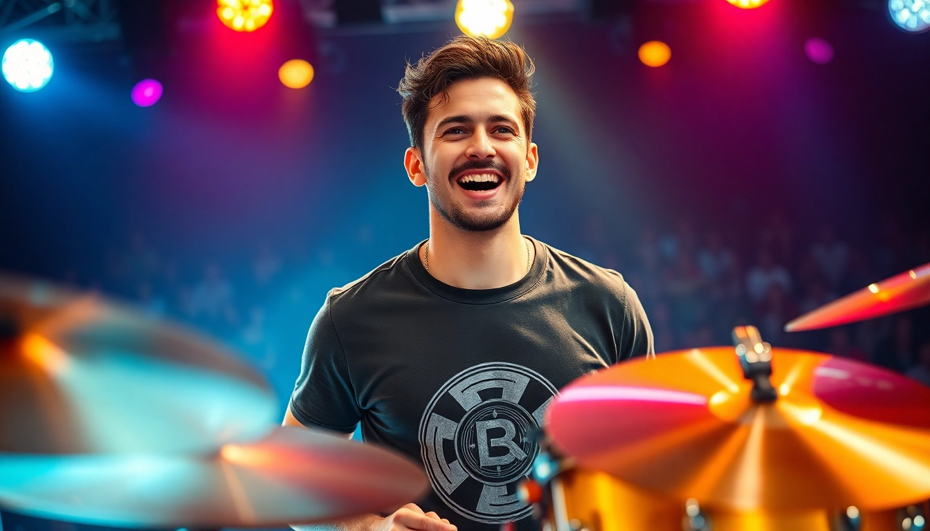 Rocking drummer shirts in a vibrant concert atmosphere, showcasing style and passion.
