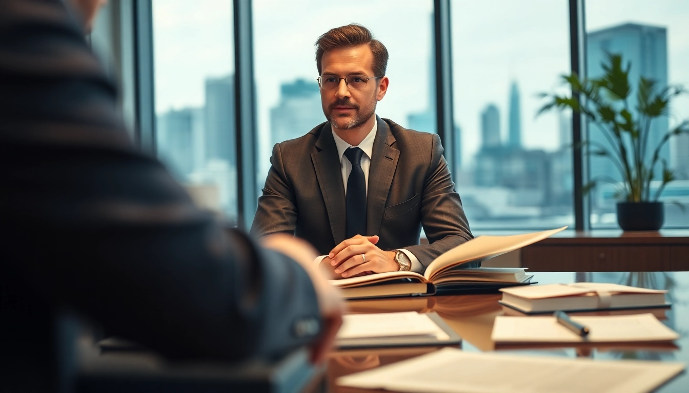 Real estate lawyer engaging with clients in a professional office environment.