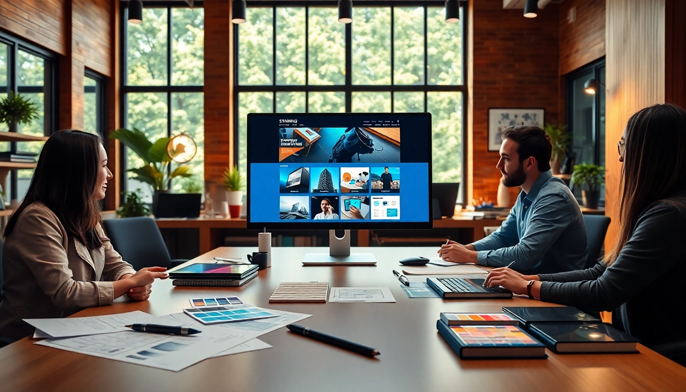 Designing a visually engaging website design layout with a diverse team in a creative studio.