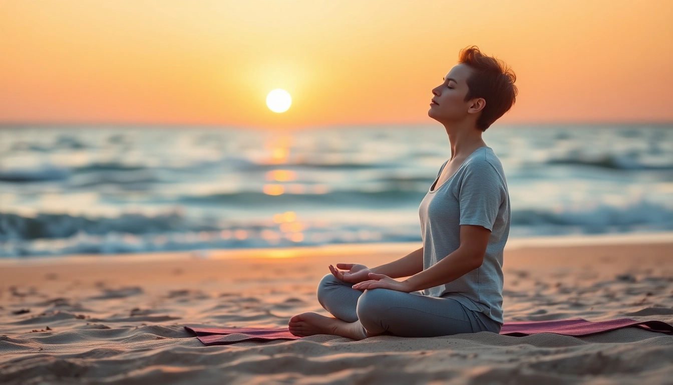 Practicing relaxation techniques for dealing with stress on a serene beach.