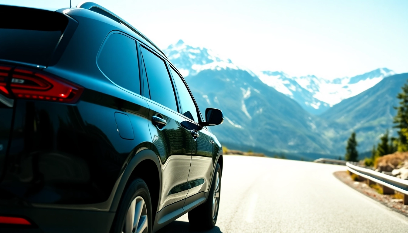 Elegant car service from Vancouver to Whistler featuring a luxury SUV amidst stunning mountain scenery.