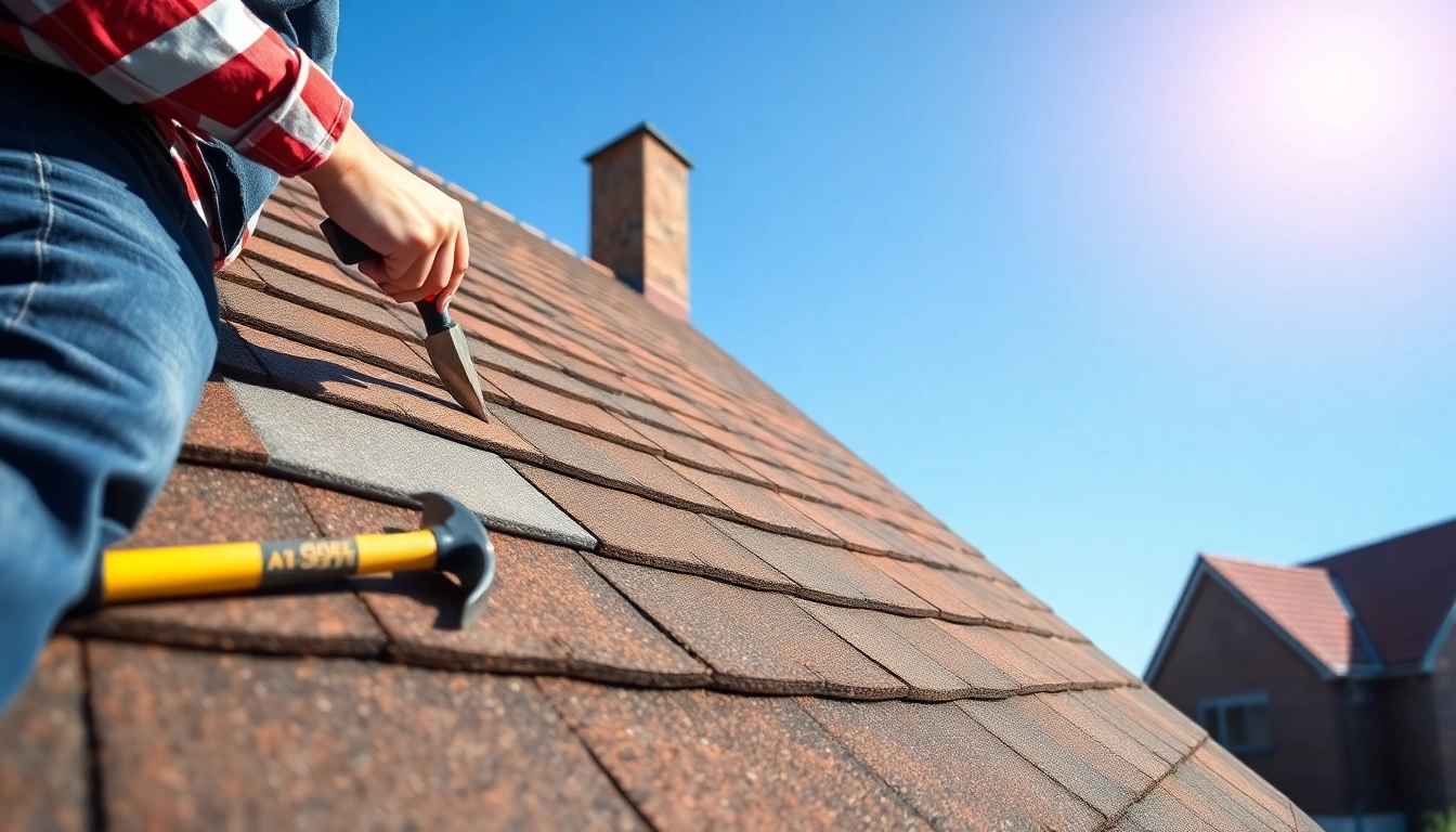 View of Dakrenovatie Arnhem with a professional examining roofing materials during a renovation.