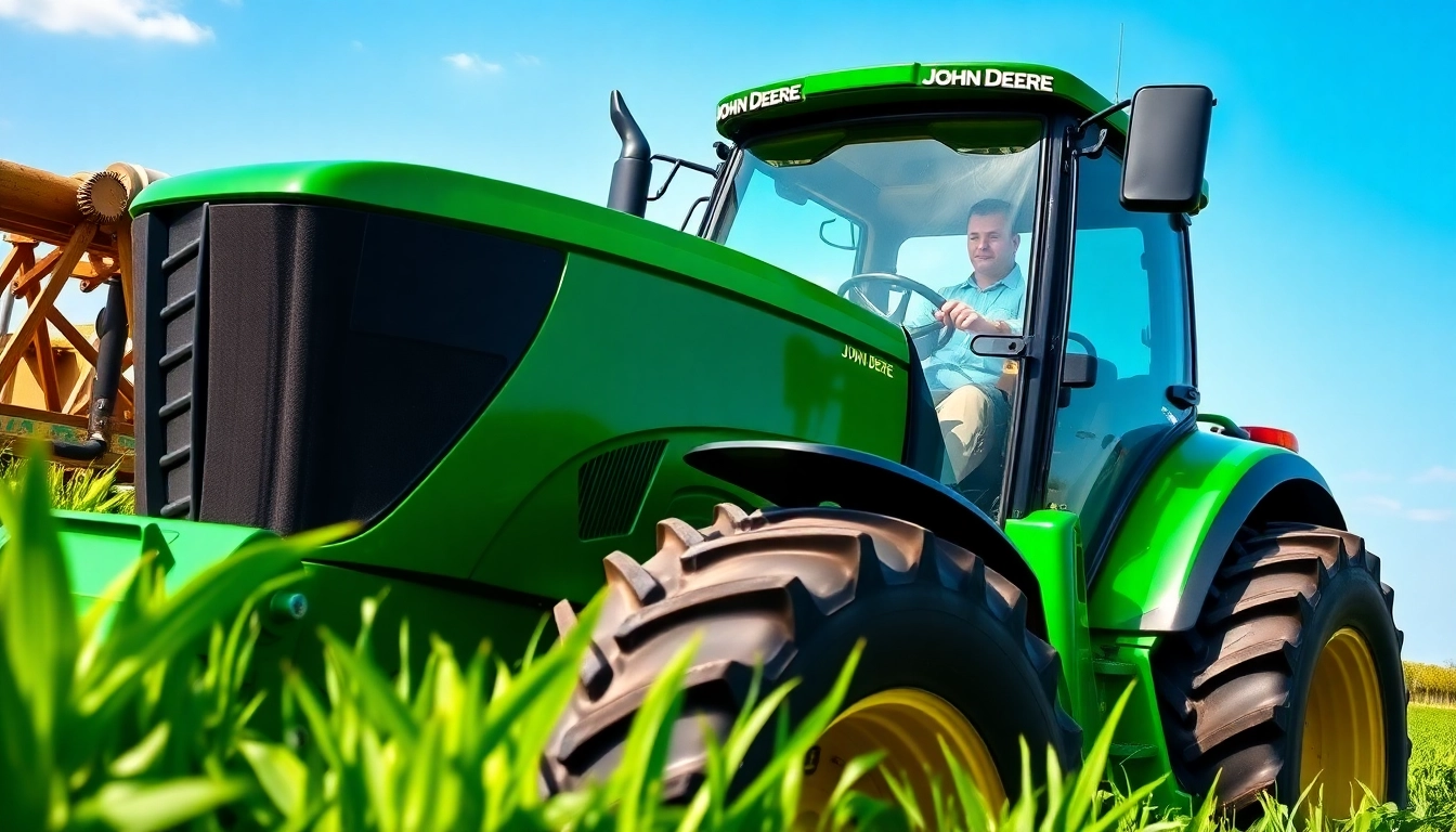 John Deere Traktor in Aktion auf dem Feld mit modernem Design und lebhaften Farben