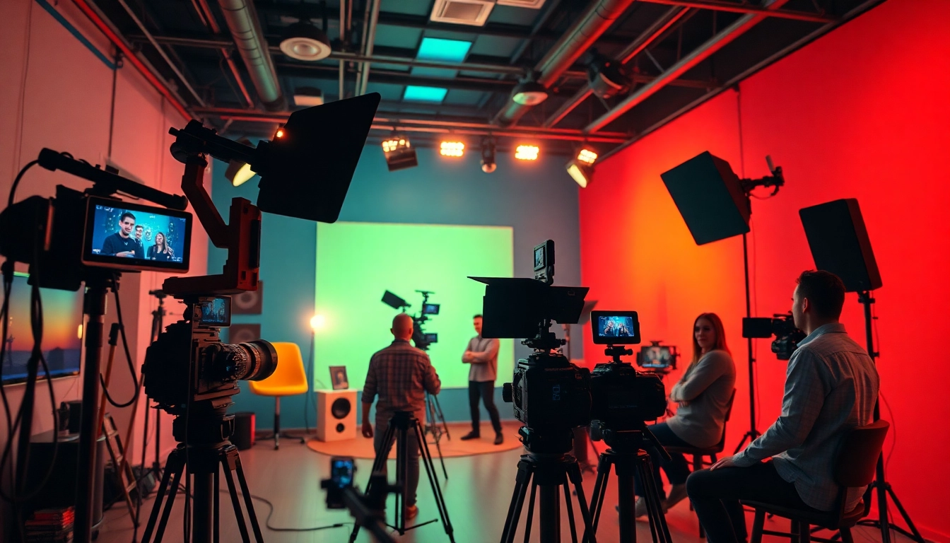 Professional 영상프로덕션 team collaborating on a creative video project in an inspiring studio.