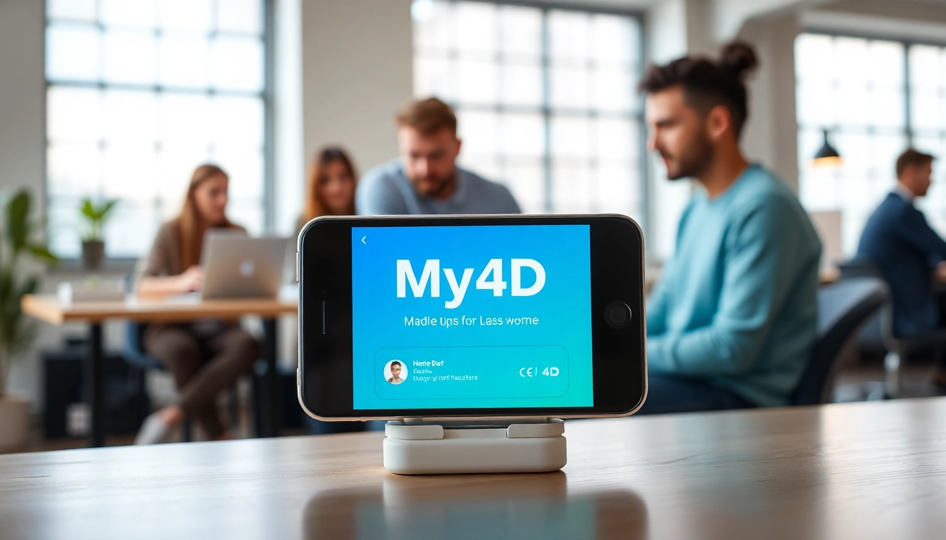 Explore the innovative My4D app showcased on a smartphone in a vibrant workspace.