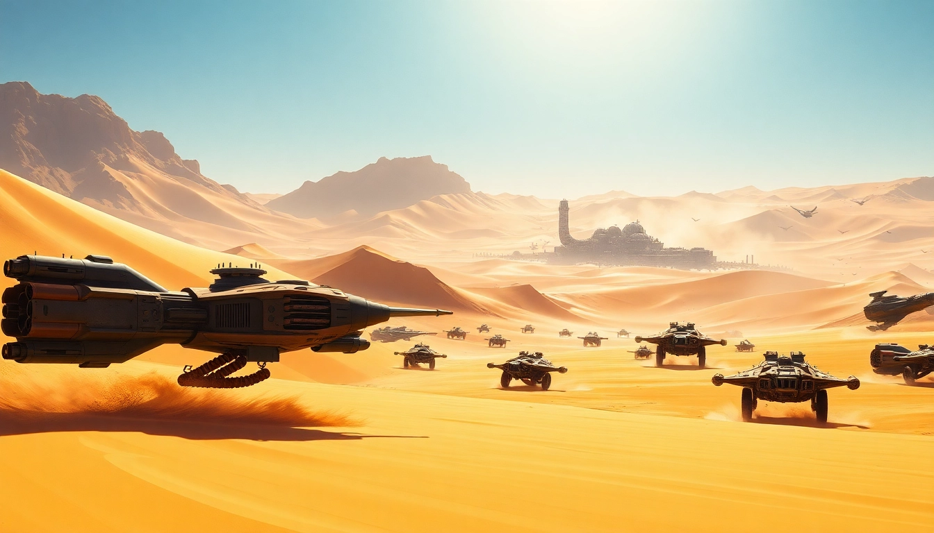 Dramatic scene from the Dune 2 game with combat vehicles and a vast desert landscape.