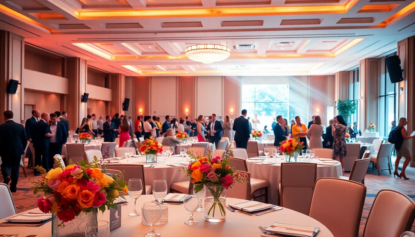 Experience the vibrant atmosphere of city venue event center filled with joyful guests and elegant decorations.