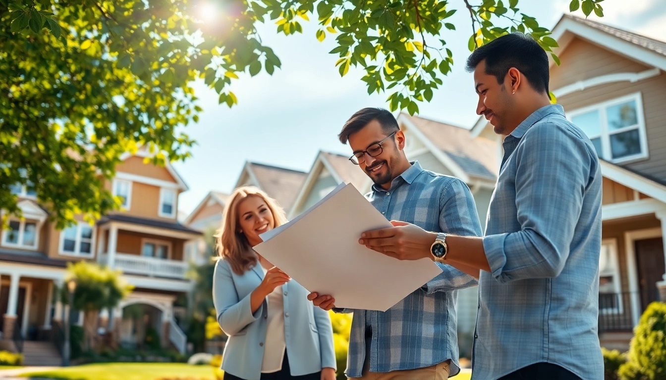 Direct home buyers discussing property options under warm sunlight in a vibrant neighborhood.