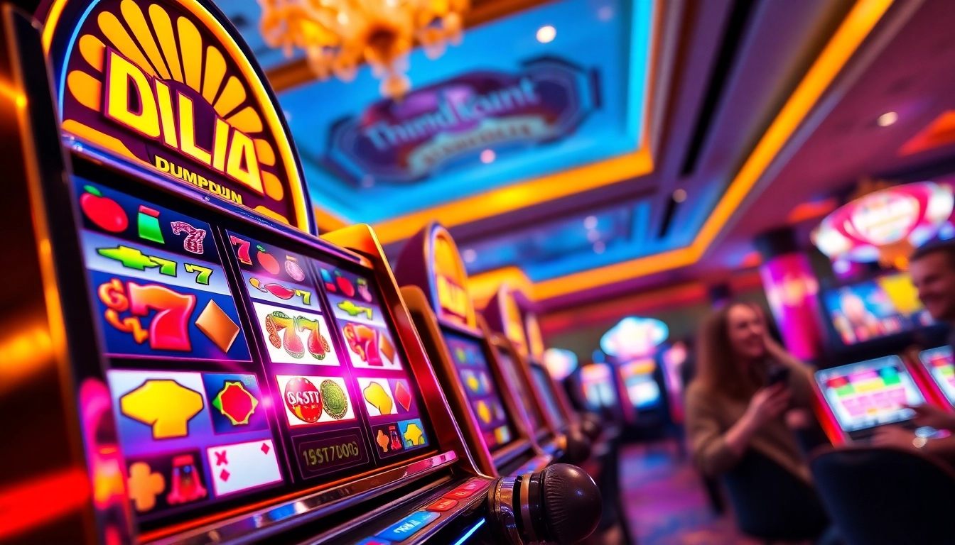 Bermain Dumdum 4D slot dengan keseruan mesin slot yang bercahaya dan dekorasi kasino yang menarik.