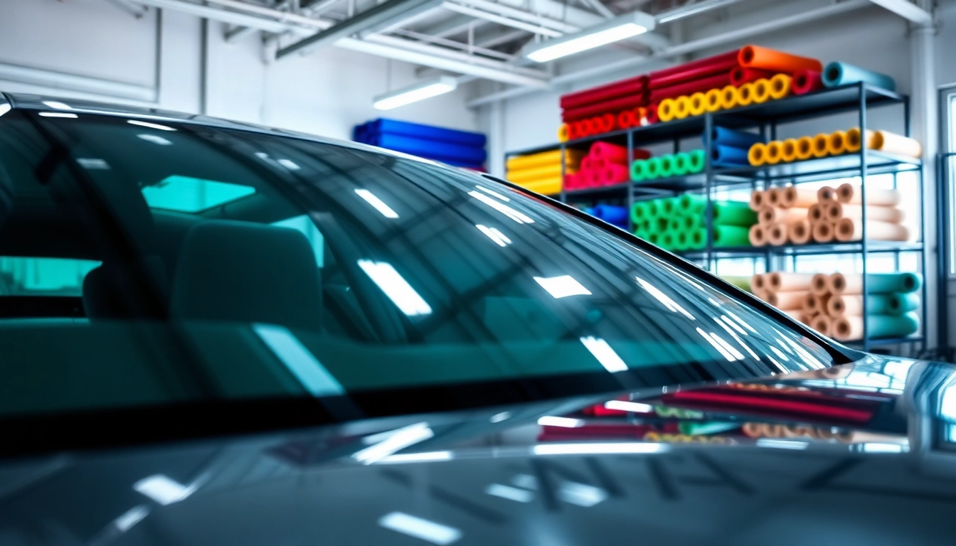 Find the best tint shop near me featuring skilled technicians at work on a luxury car.