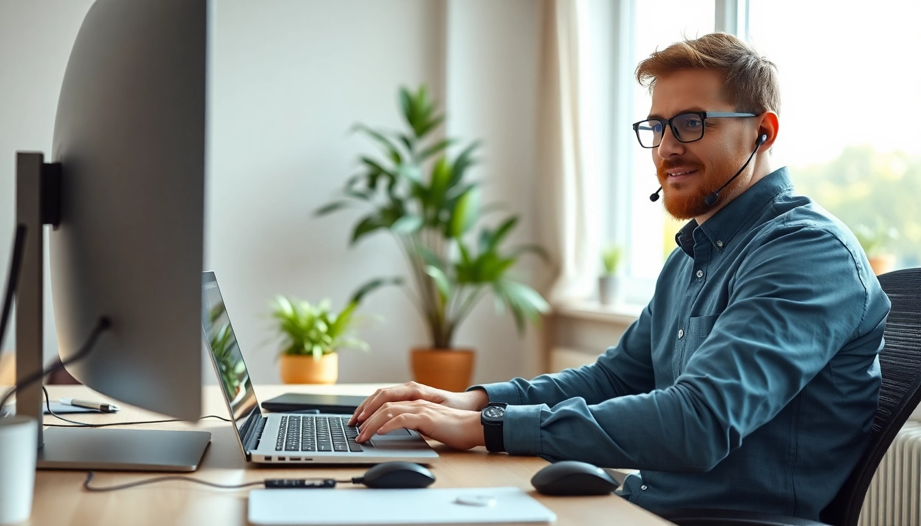 Technician delivering residential IT support in a welcoming home office environment.