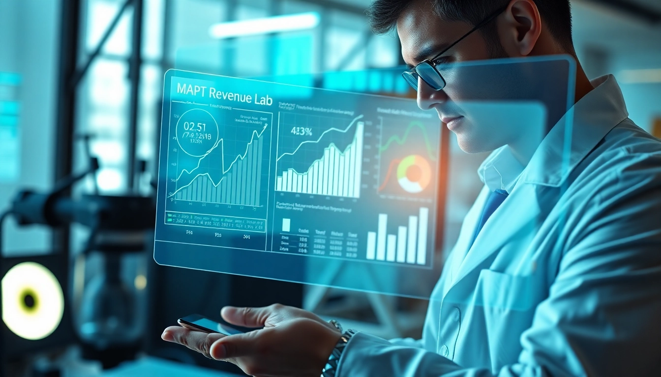 Visual analysis at revenuerocketlab shows revenue trends with holographic data displays.