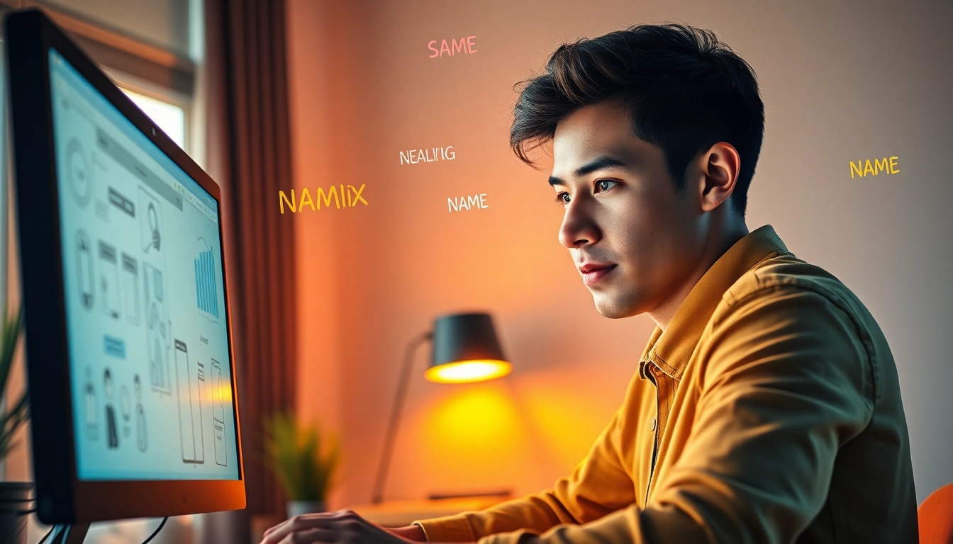 Create unique business names using the namlix name generator featuring a creative workspace.