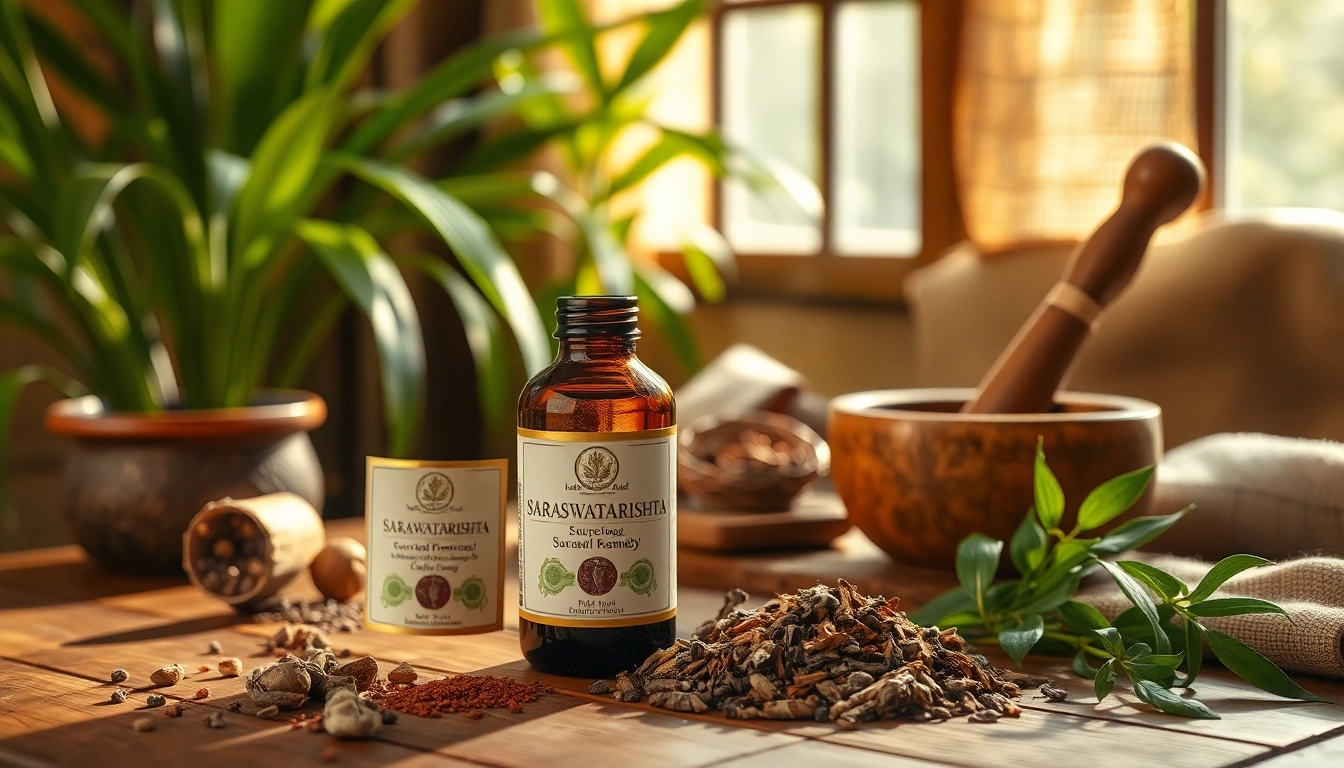 Saraswatarishta uses in Hindi illustrated with herbs and Ayurvedic elements in a serene setting.