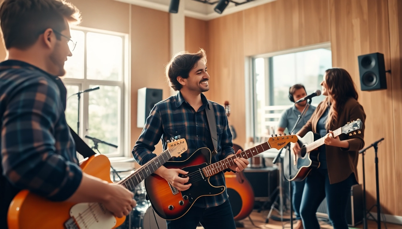 Engaging musicians using music promotion services in a vibrant studio setting.
