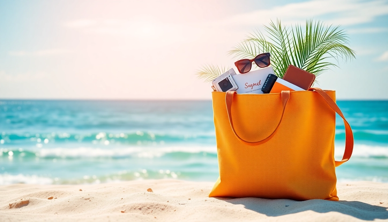 Showcasing a stylish tote bag ideal for summer travel on a beach with vacation essentials.