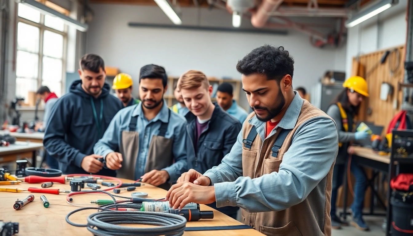 Training at Wyoming Electrical Apprenticeship with diverse apprentices learning skills in a workshop.