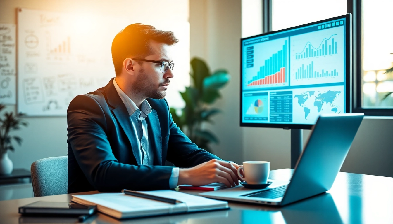 Utilize AI prompts for competitor analysis while reviewing market data in a modern office.