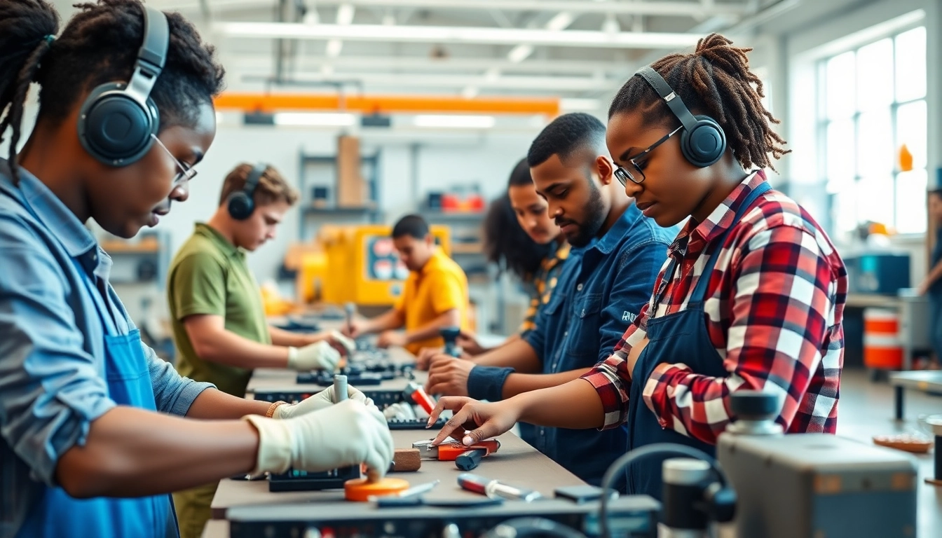 Hands-on training at a trade school Knoxville TN, showcasing diverse students in a vibrant workshop.