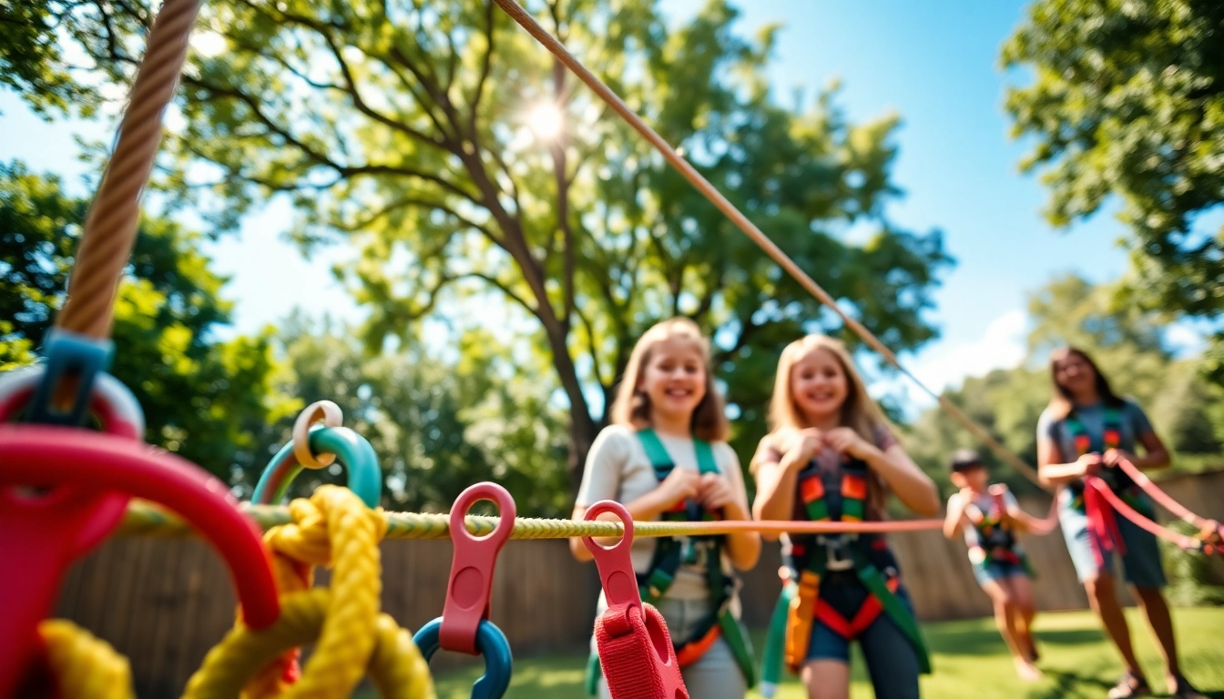 Children enjoying ZIP WIRE KITS in a sunny backyard with active family dynamics.