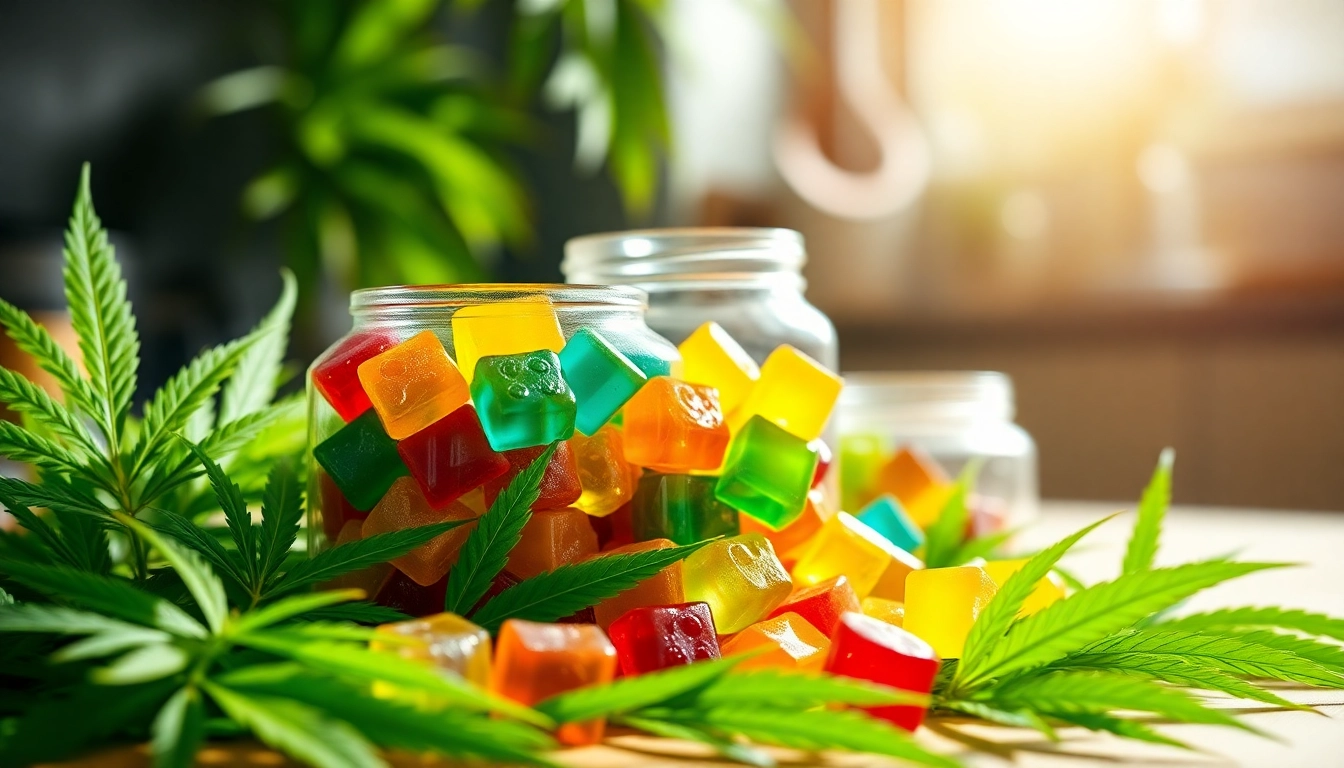 Delicious CBD Gummies displayed in a glass jar with vibrant colors and shapes.