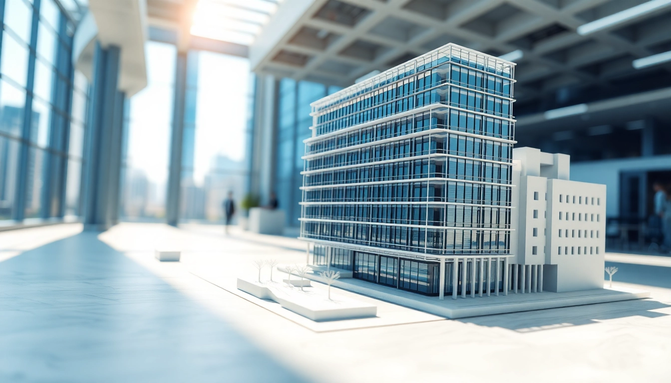 3D Visualisierung eines architektonischen Modells in modernem Umfeld, betont Details und Texturen.
