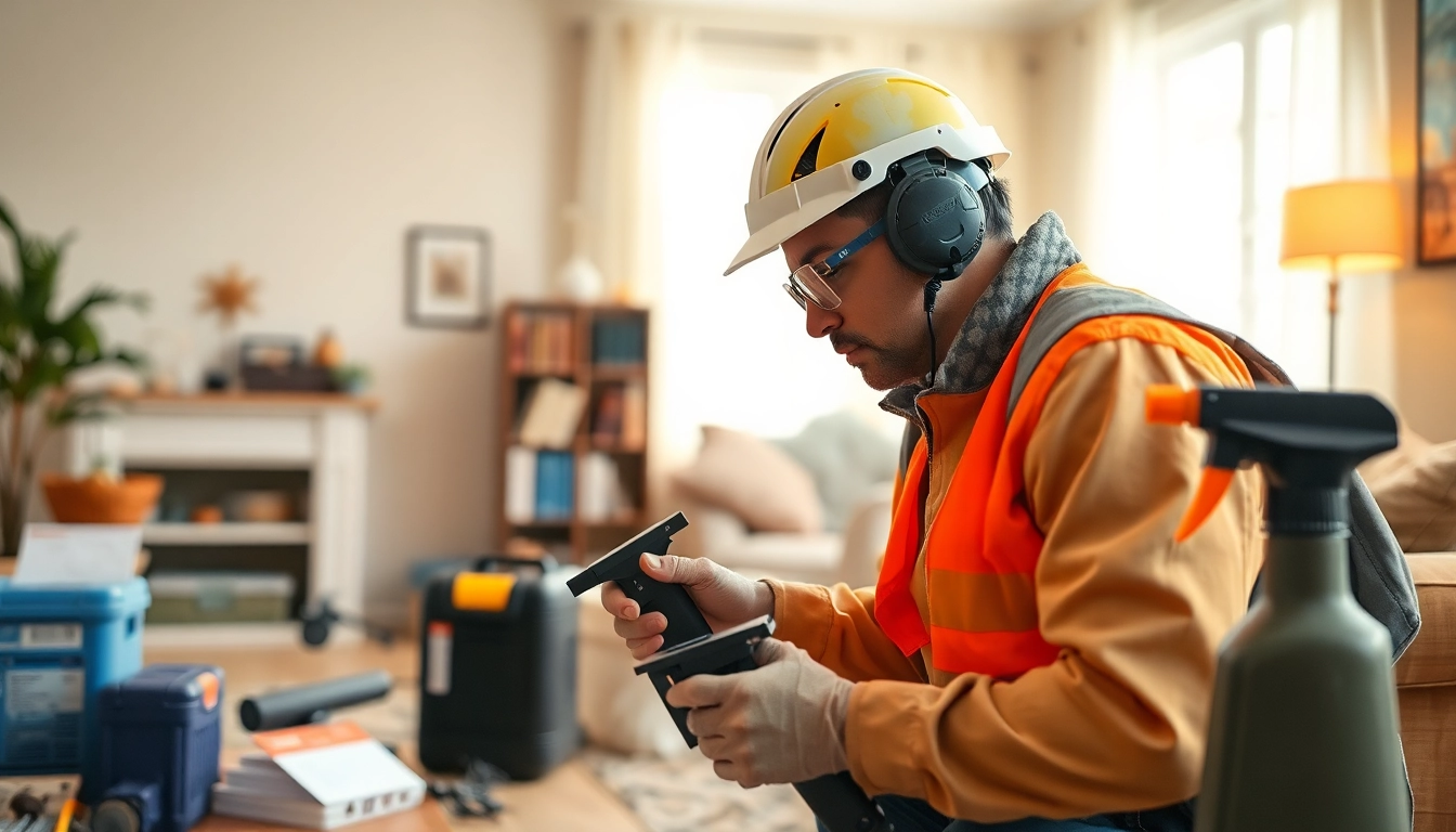Pest management professional conducting an inspection for infestations with safety tools visible.