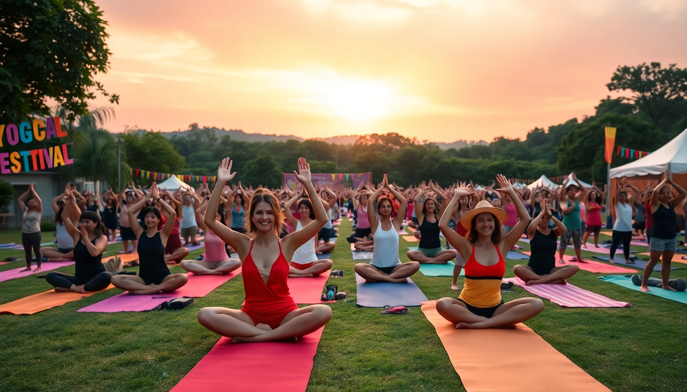 Celebrate yoga festivals with community members practicing yoga in a beautifully vibrant outdoor setting.