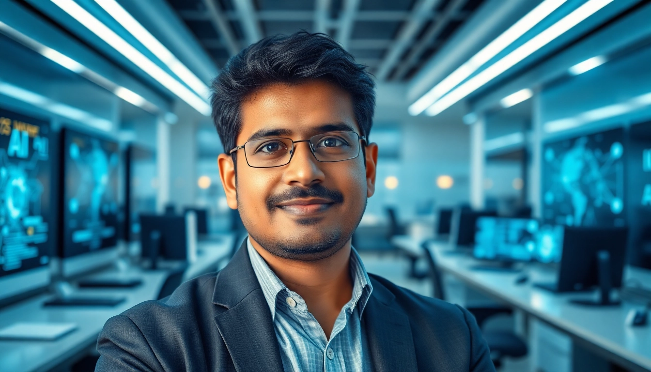 Aravind Srinivas presenting insights in a modern workplace, embodying AI innovation.