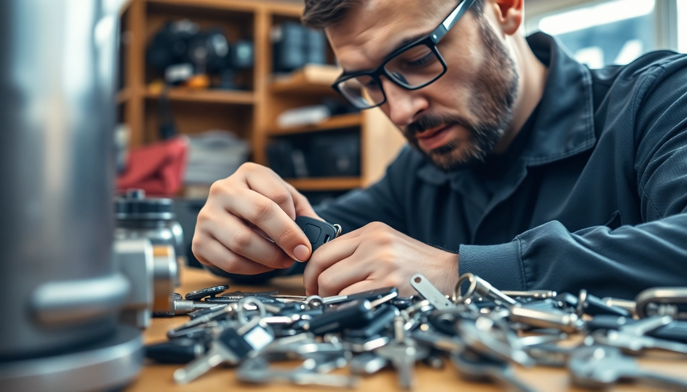 Locksmith skillfully crafting Replacement Car Keys in a bright workshop environment.