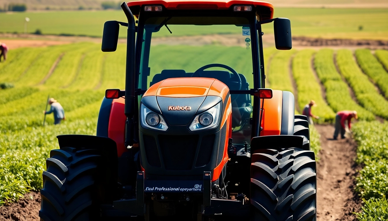 Kuboata Traktor arbeitet in grünen Feldern mit Landwirten im Hintergrund.