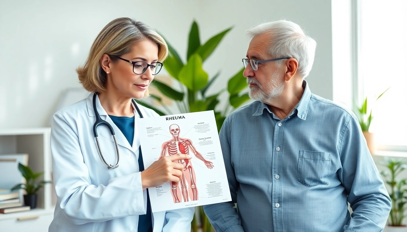 Rheuma consultation between a doctor and a patient in a bright clinic setting.