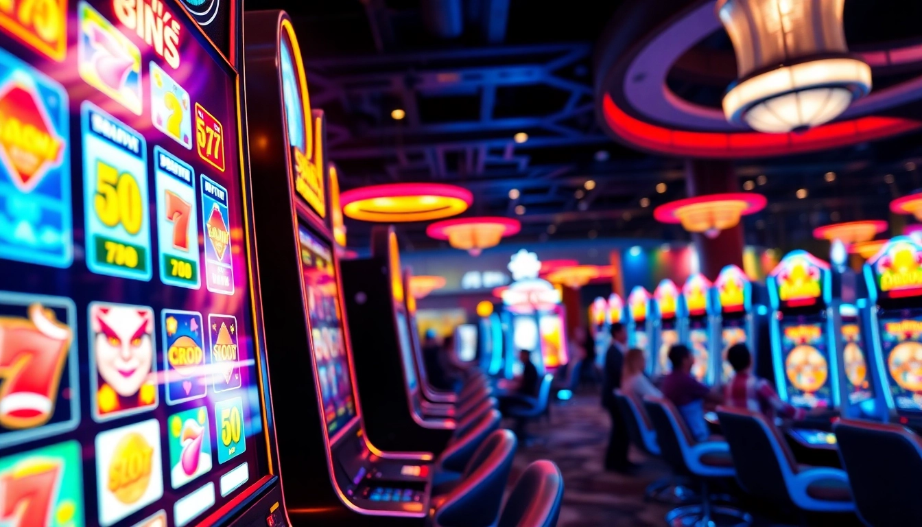 Putar game slot yang berkilauan dengan simbol menarik di kasino penuh warna