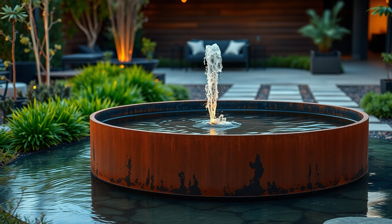 Entdecken Sie den eleganten cortenstahl brunnen in einem modernen Garten, umgeben von Natur.