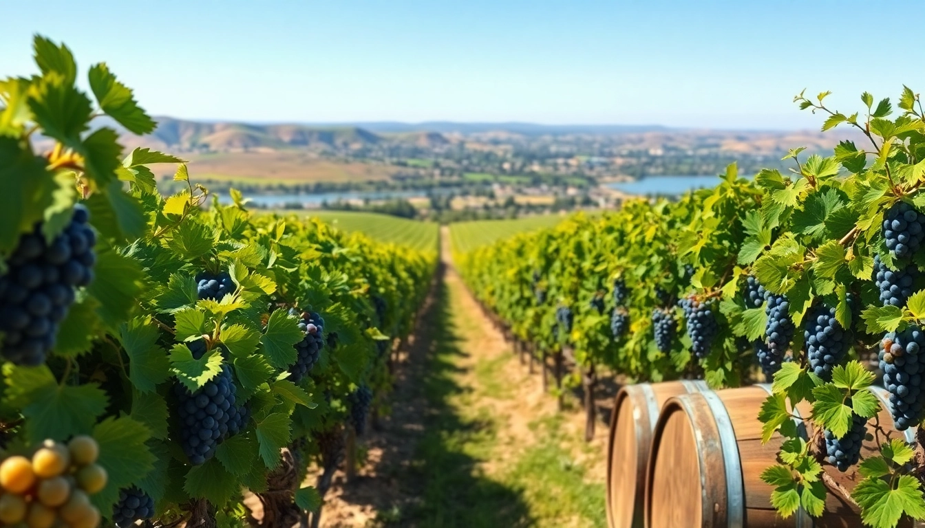 Engaging scene showcasing Clarksburg's vineyard with colorful grapes and scenic river backdrop.