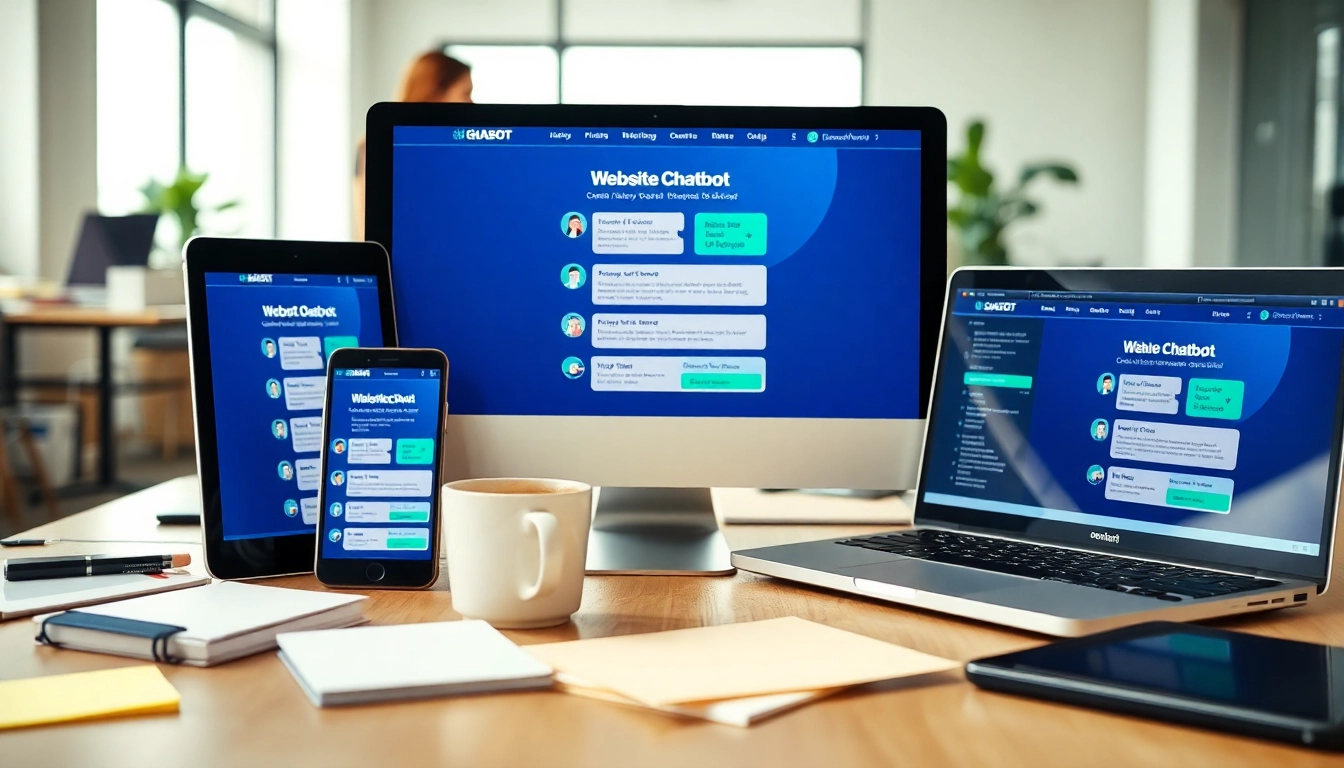 Engaging website chatbot showcased on multiple devices in a modern office.