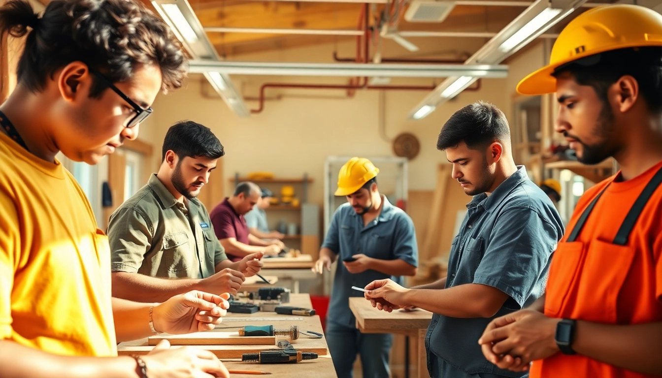Hands-on training at trade schools Oahu, showcasing students in carpentry and electrical skills.