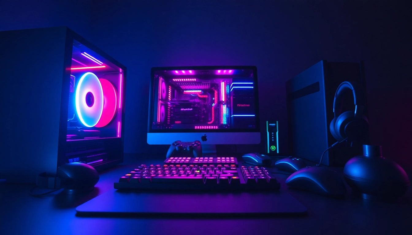 Permainan online yang menarik dengan pengaturan komputer gaming modern dan aksesori berwarna cerah.