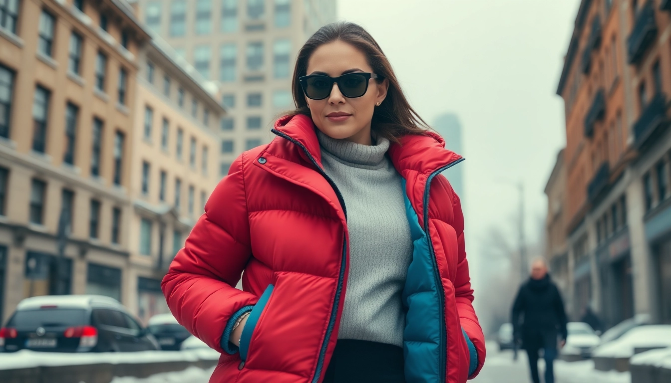 Fashionable woman confidently wearing a puffer jacket for women against a snowy urban backdrop.