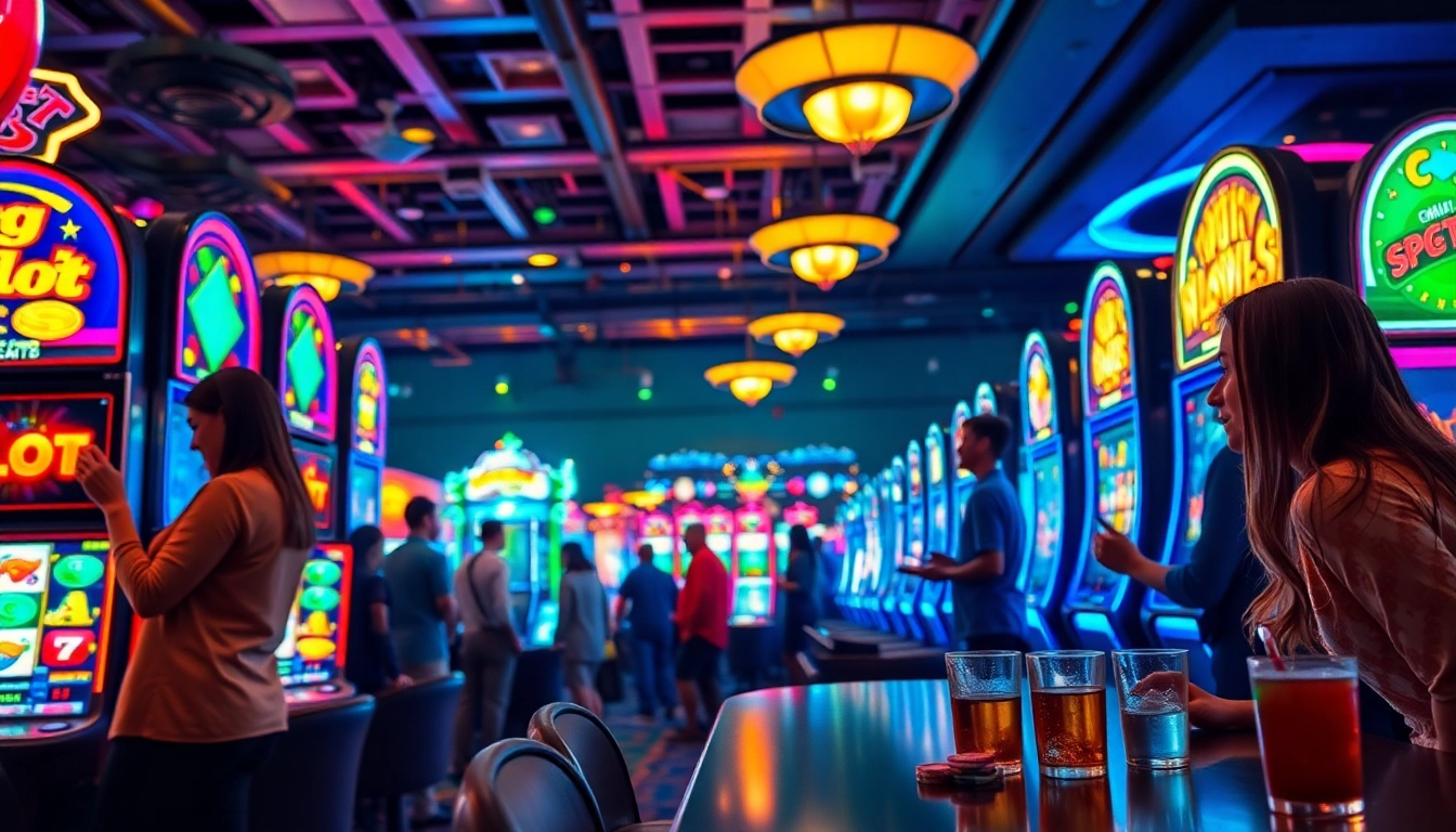 Engaged players enjoying pgslot games in a vibrant casino environment with bright lights.