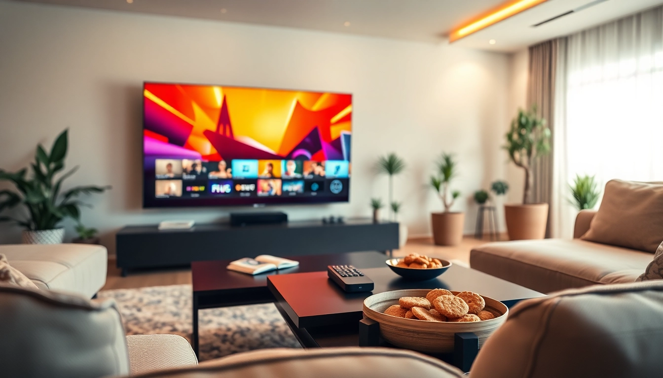 Comprar IPTV en un moderno salón con TV mostrando contenido en streaming.