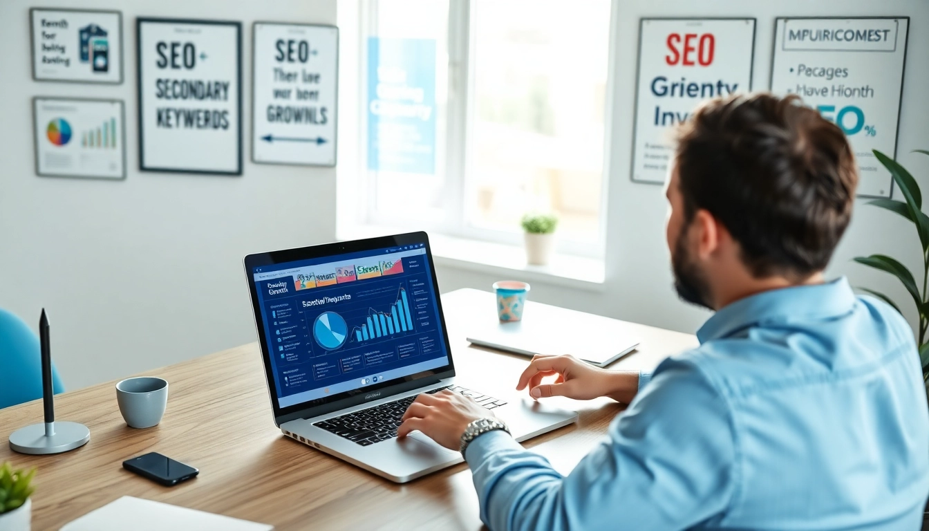 Analyze secondary keywords in a professional workspace with SEO infographics.