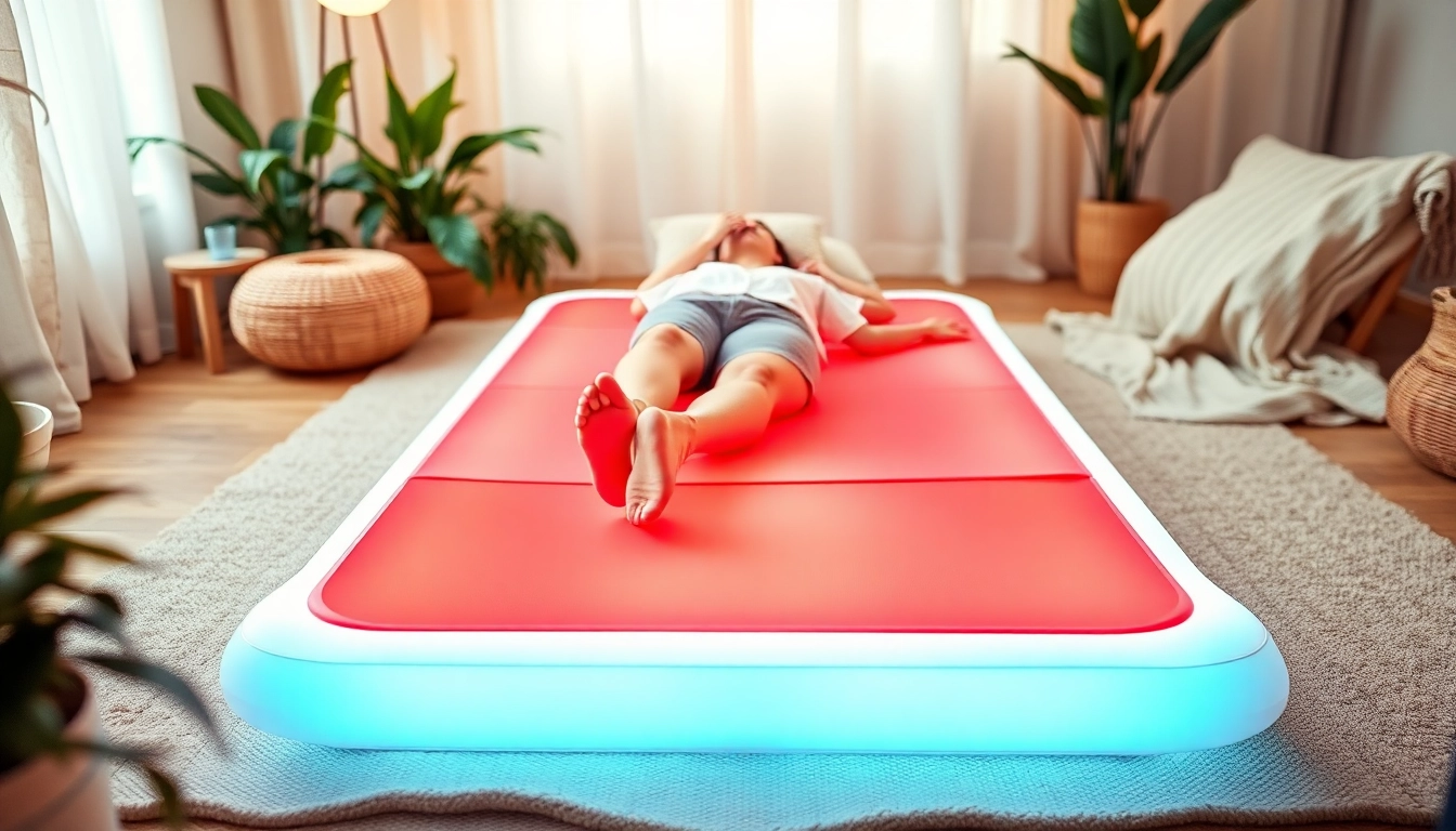 Experience relaxation on a red light therapy mat fullbody, featuring soothing colors and a comfortable home setting.