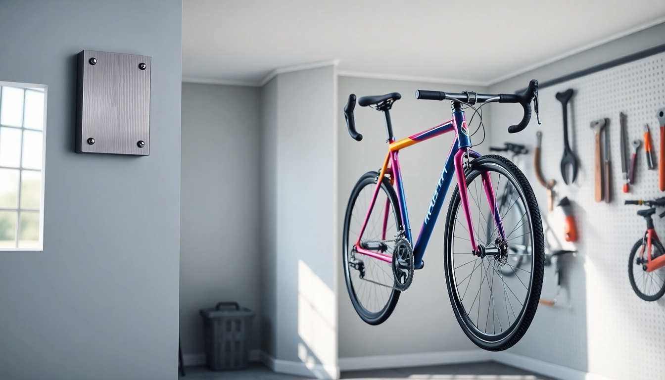 Bicycle wall hanger elegantly displaying a bicycle in a modern home garage with organized tools.