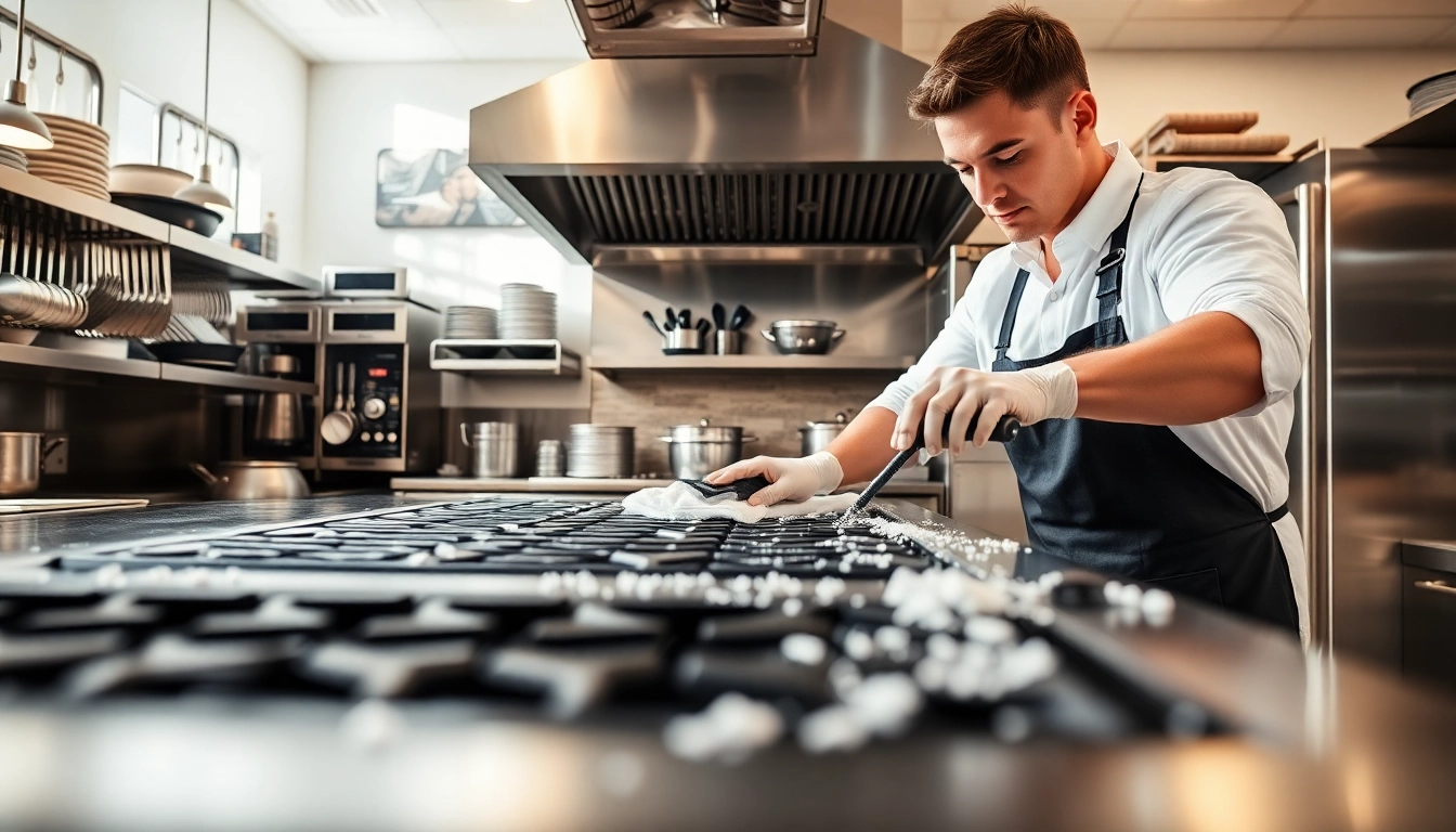 Technician performing Restaurant Cooking Appliance Cleaning on a commercial stove in a bright kitchen.