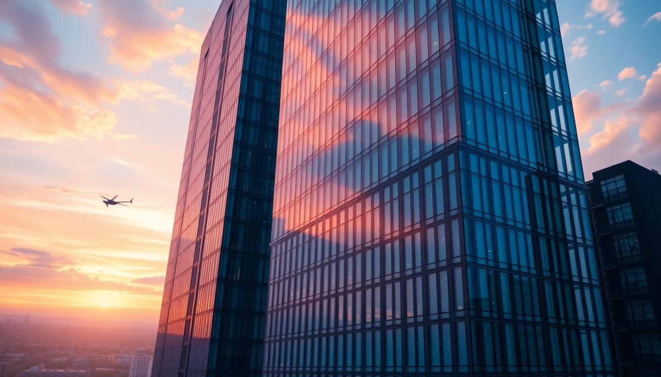 Dawn digital architectural visualization showcasing a modern skyscraper against a vibrant dawn sky.