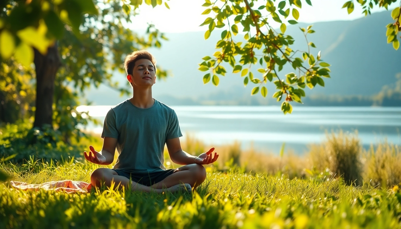 Practicing meditation for dealing with stress in a serene natural environment.