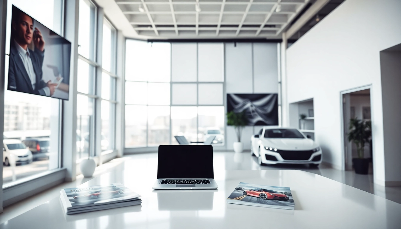 Skup samochodów Poznań w nowoczesnym biurze dealerskim z eleganckim biurkiem.