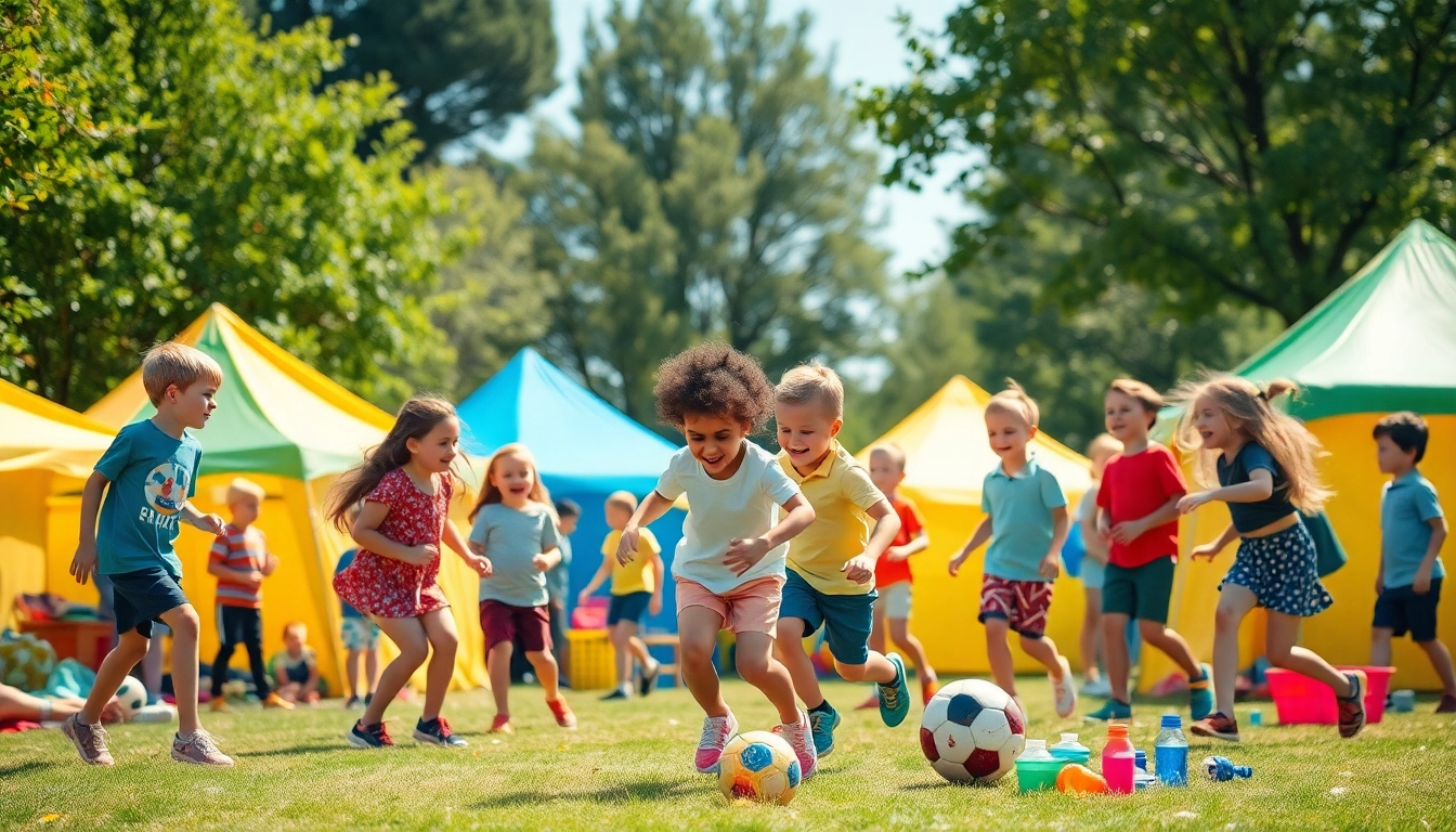 Children enjoying fun activities at holiday camps with vibrant tents and cheerful atmosphere.